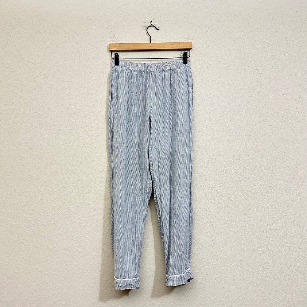 QUINCE Pajama Pants Blue White Pinstriped High Rise Woven Sleepwear